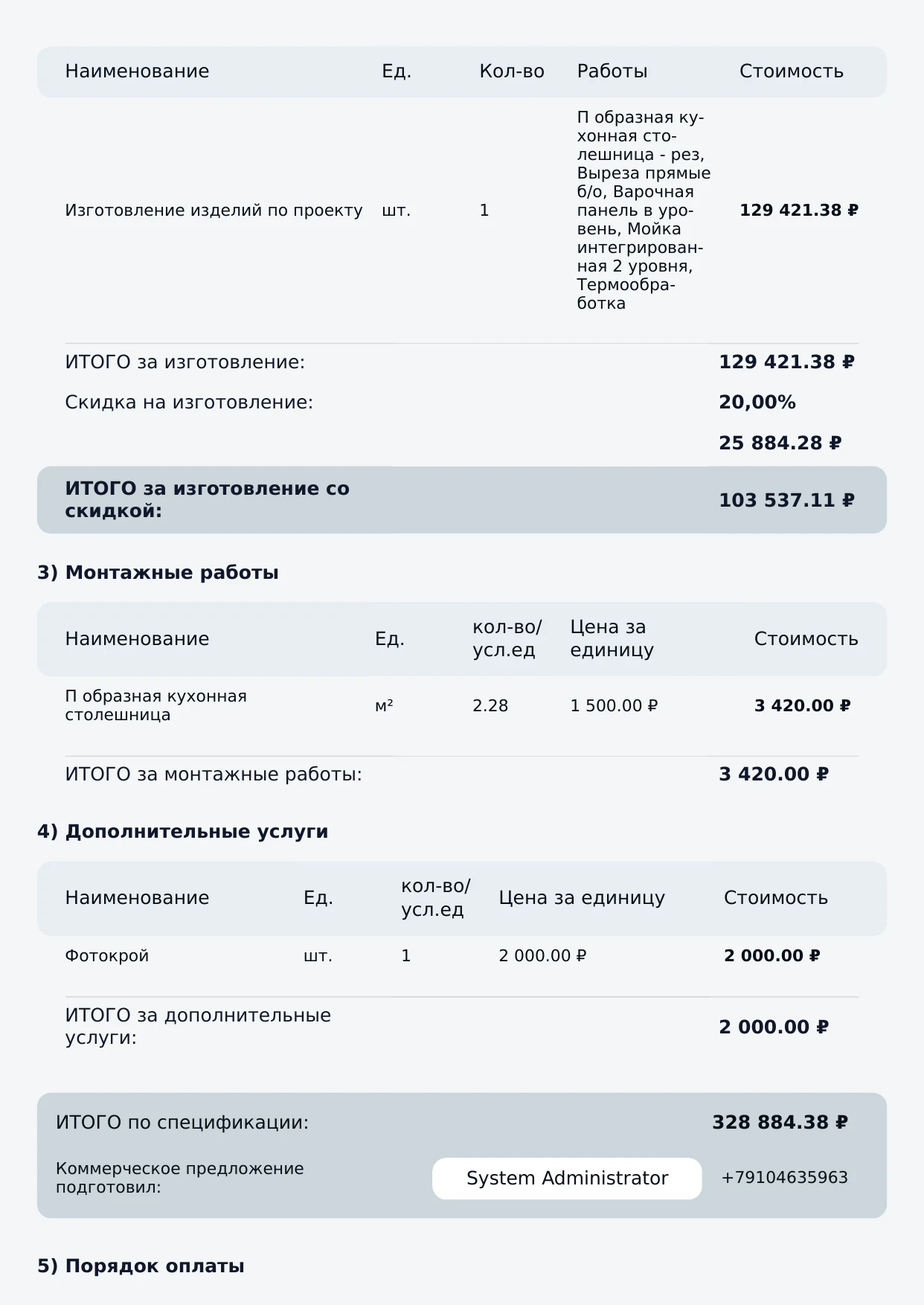 Расчёт изготовления, монтажа и дополнительных услуг в коммерческом предложени и